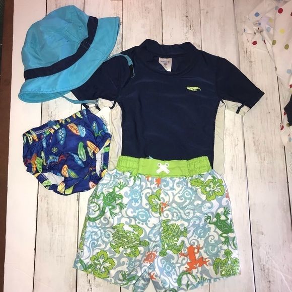 18 mo Carter’s rashguard swim trunks diaper hat lot set - Picture 5 of 13